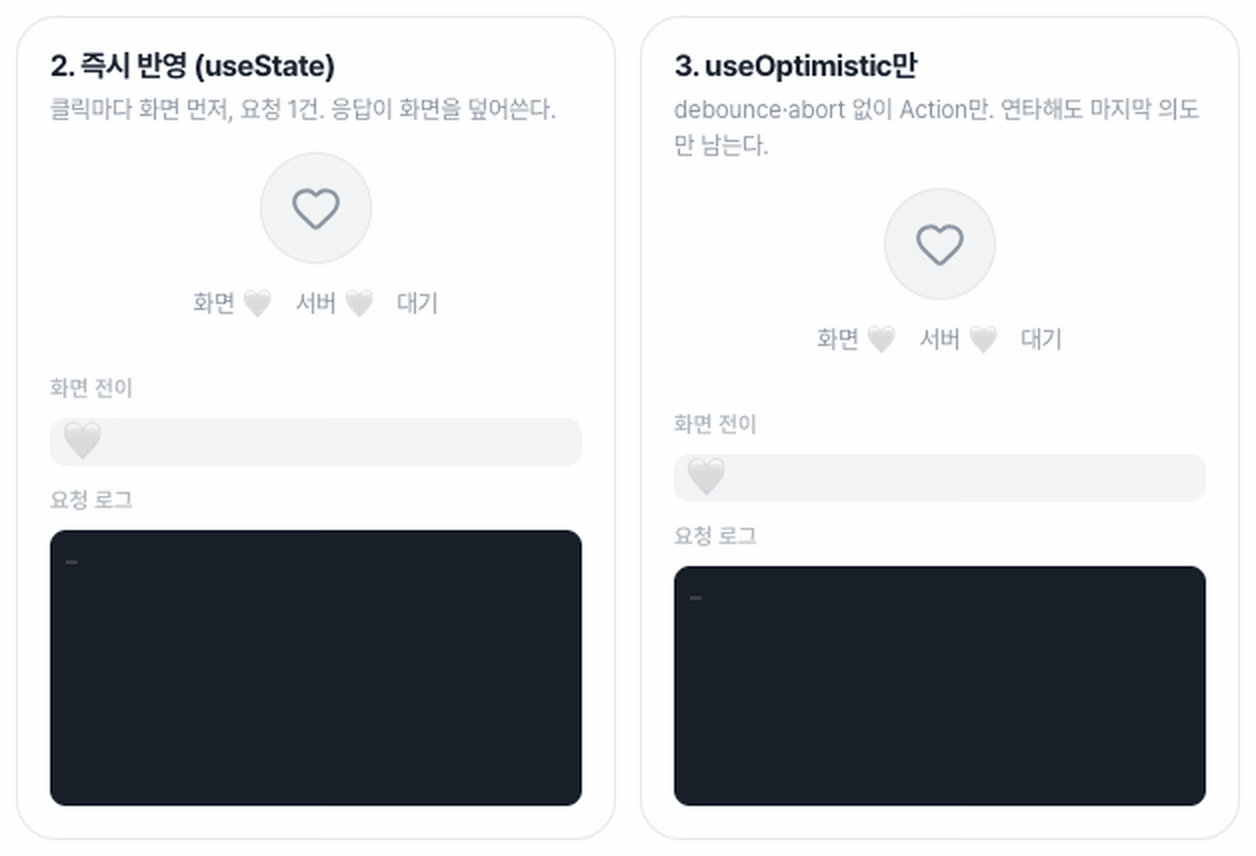 찜과 해제를 빠르게 누르면 useState 버전은 응답마다 하트가 깜빡이고 useOptimistic 버전은 마지막 상태를 유지한다